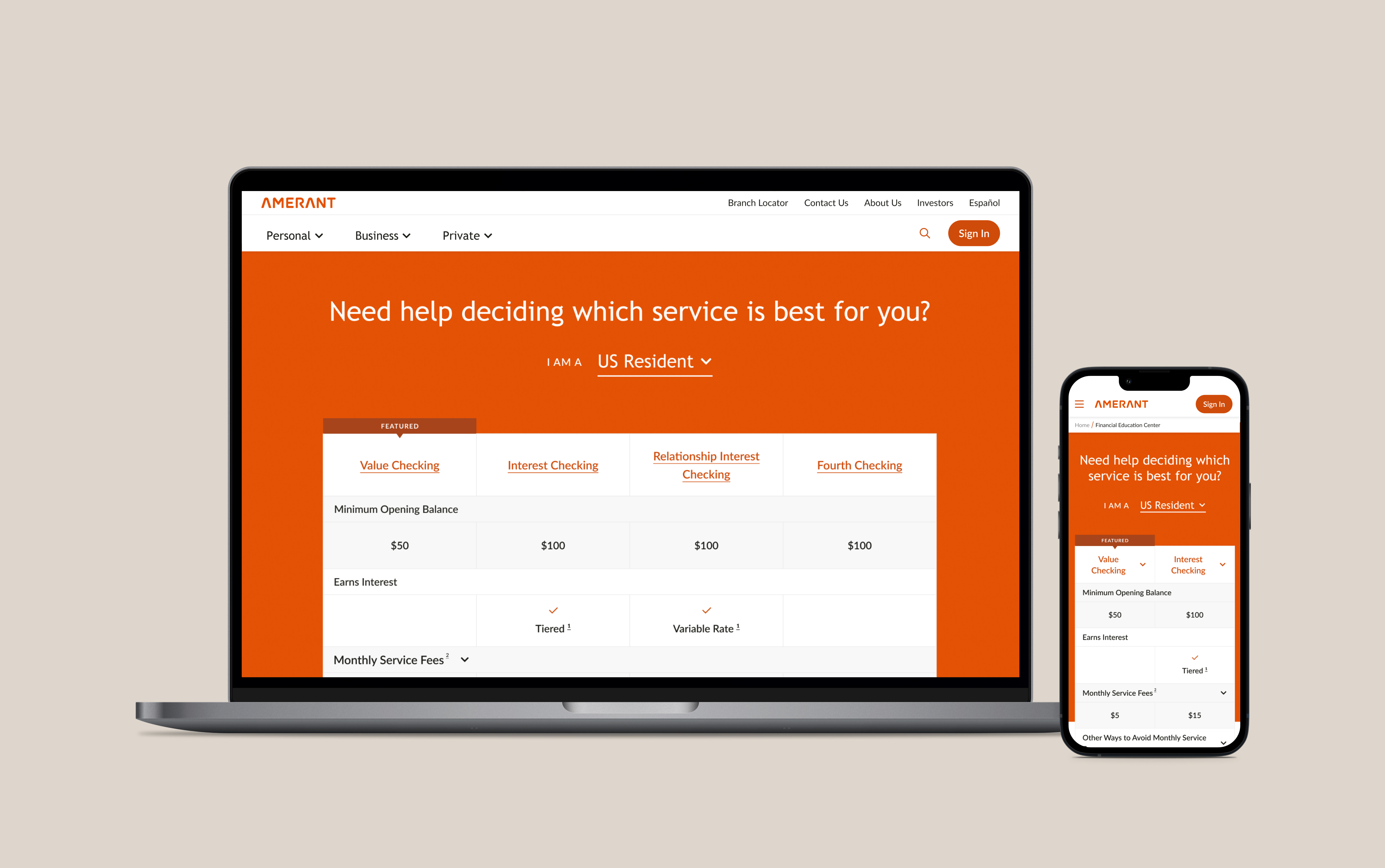 product comparison UI for Amerant Bank