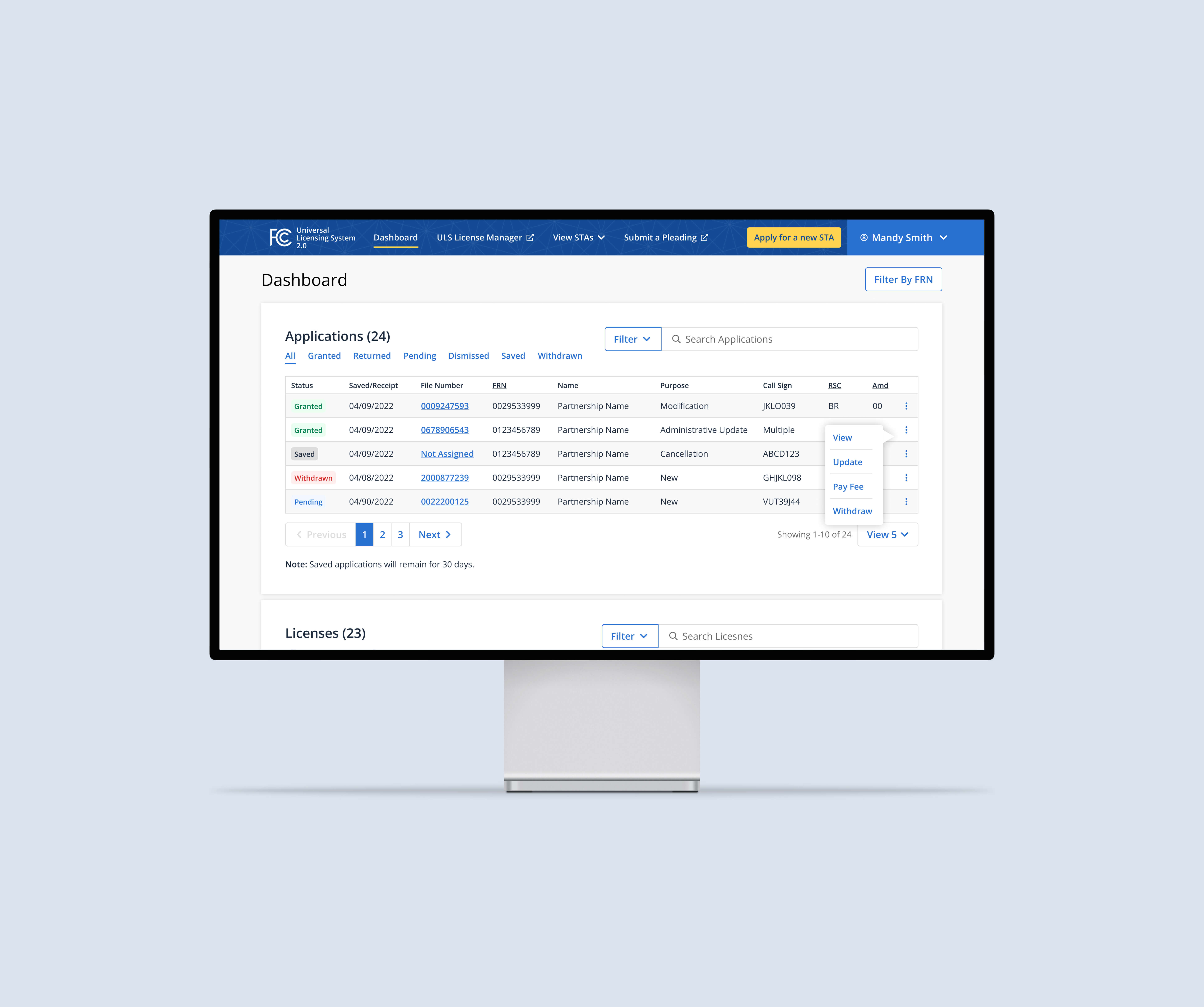 a dashboard for the FCC's Universal Licensing System