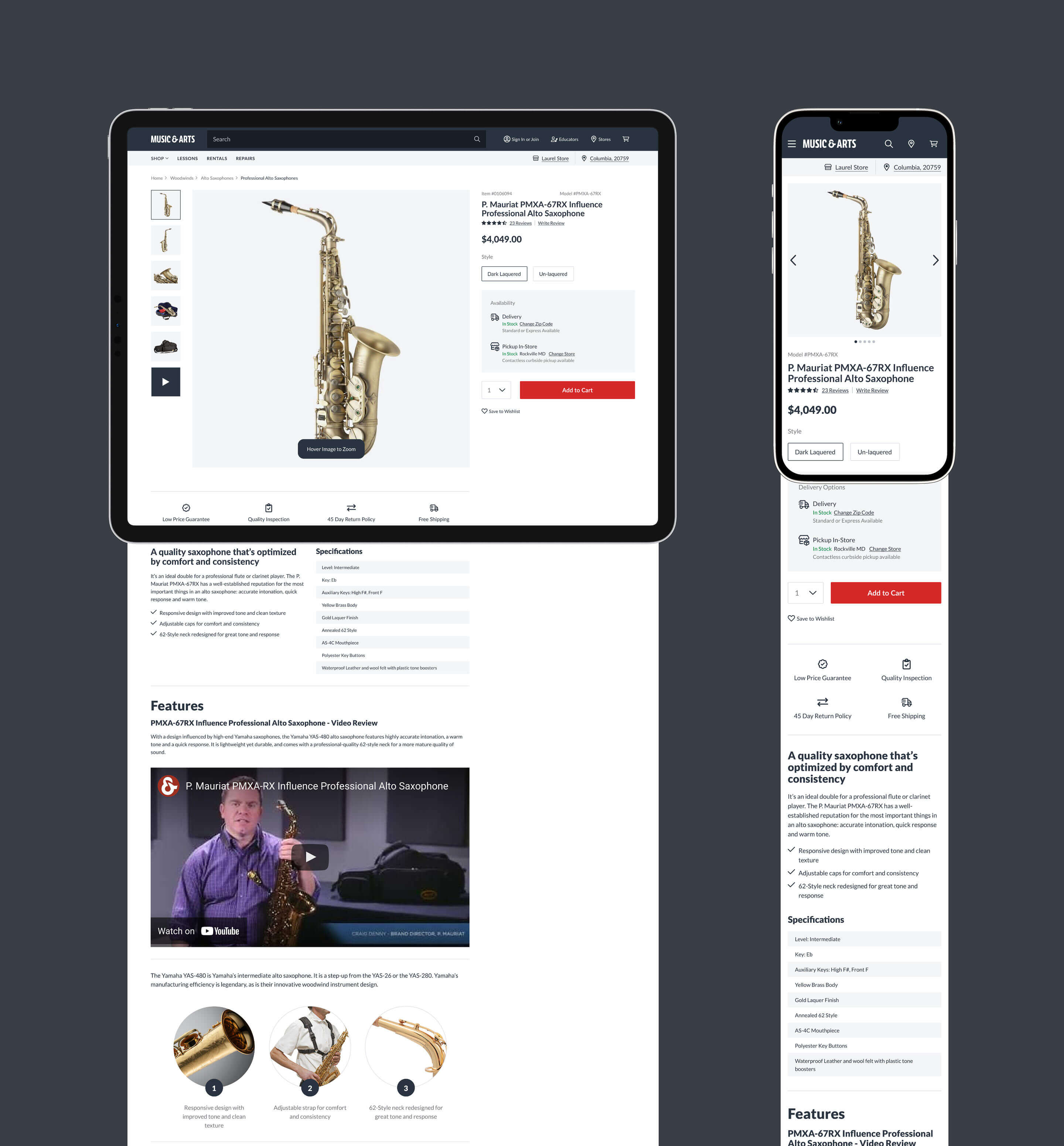 responsive product detail pages for Music and Arts