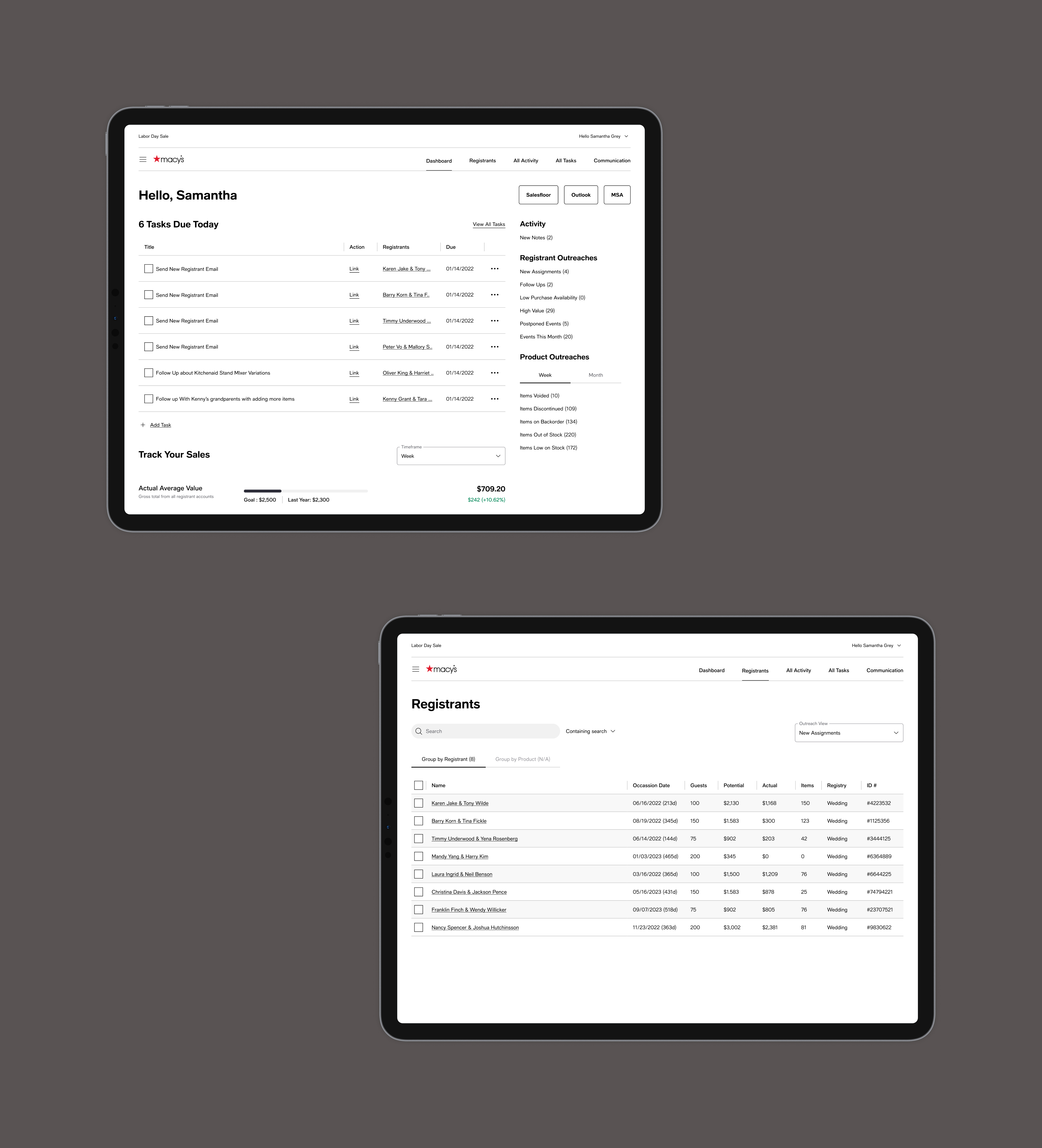 two Macy's registry dashboards on tablets
