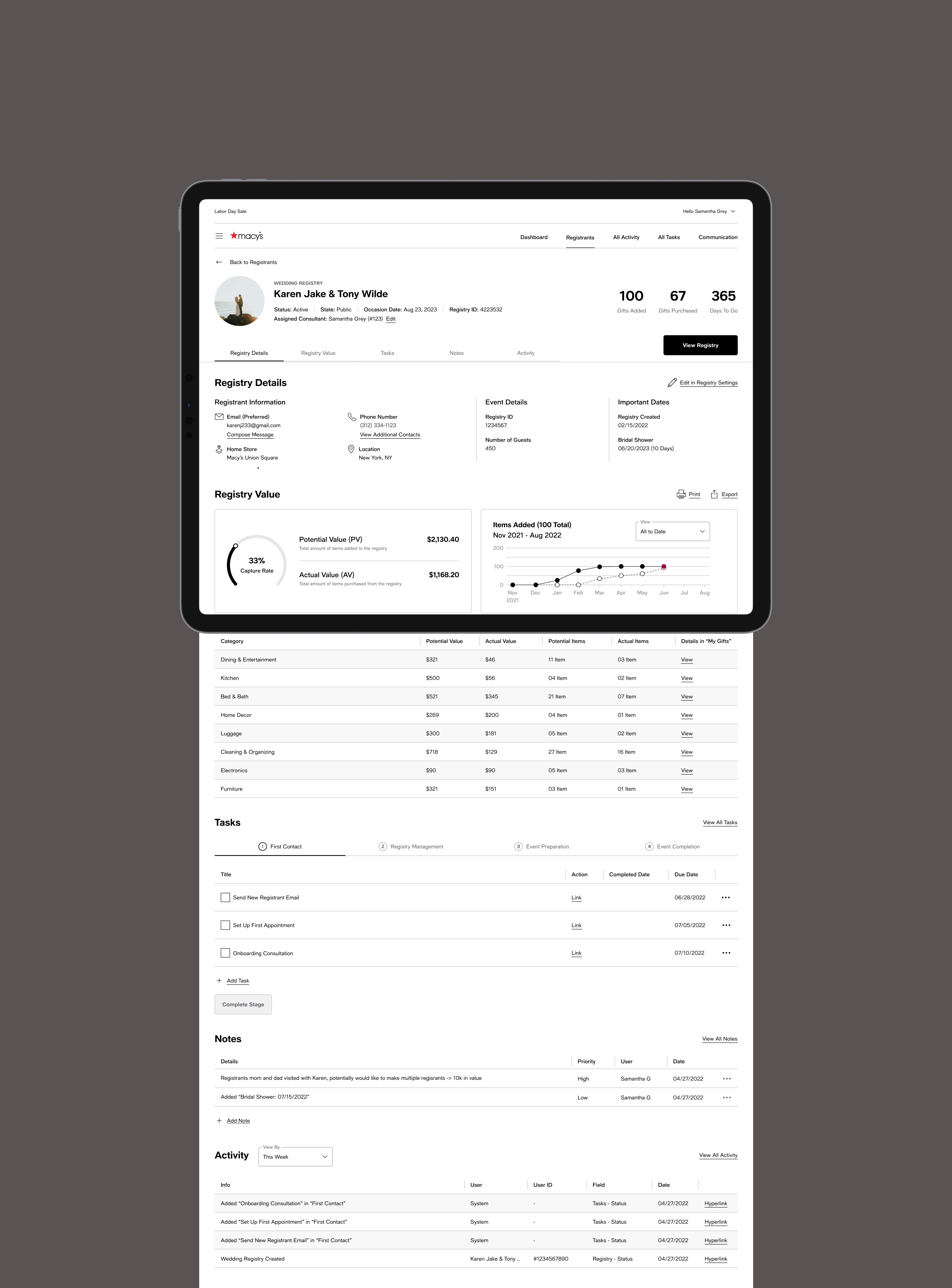 a profile page on a Macy's registry dashboard