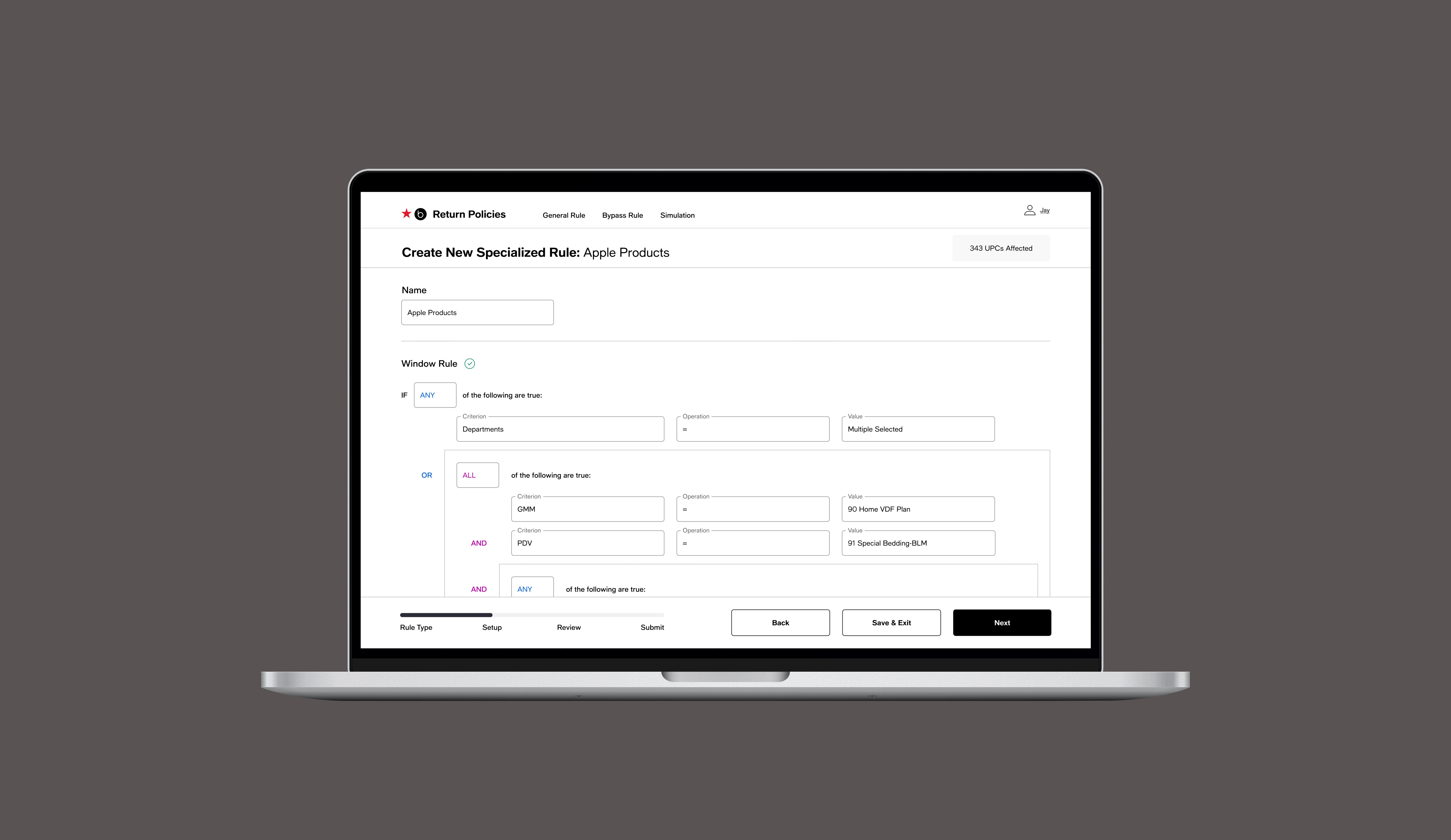 a rule builder for Macy's return policies