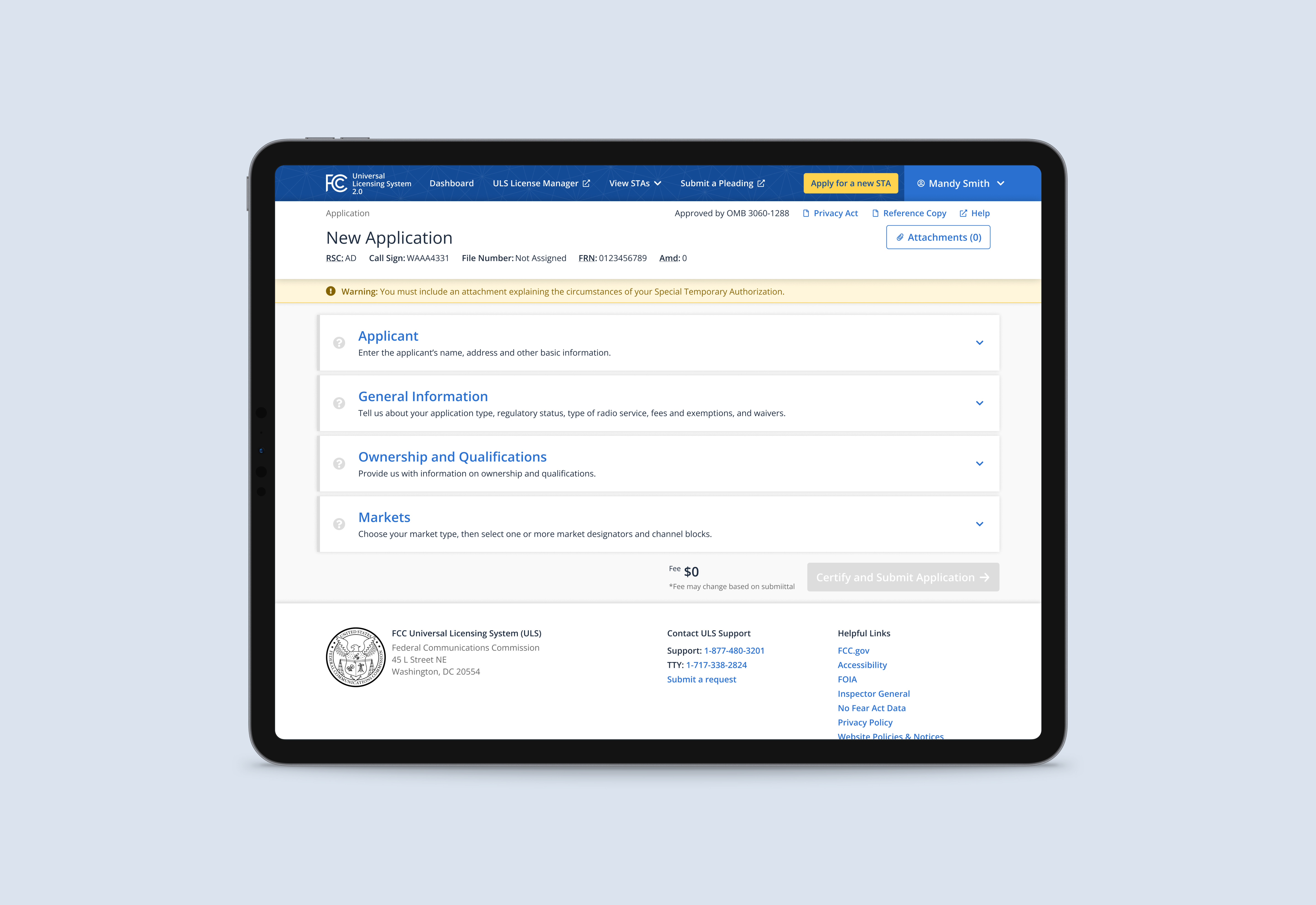 a drawer's model for filling out FCC applications