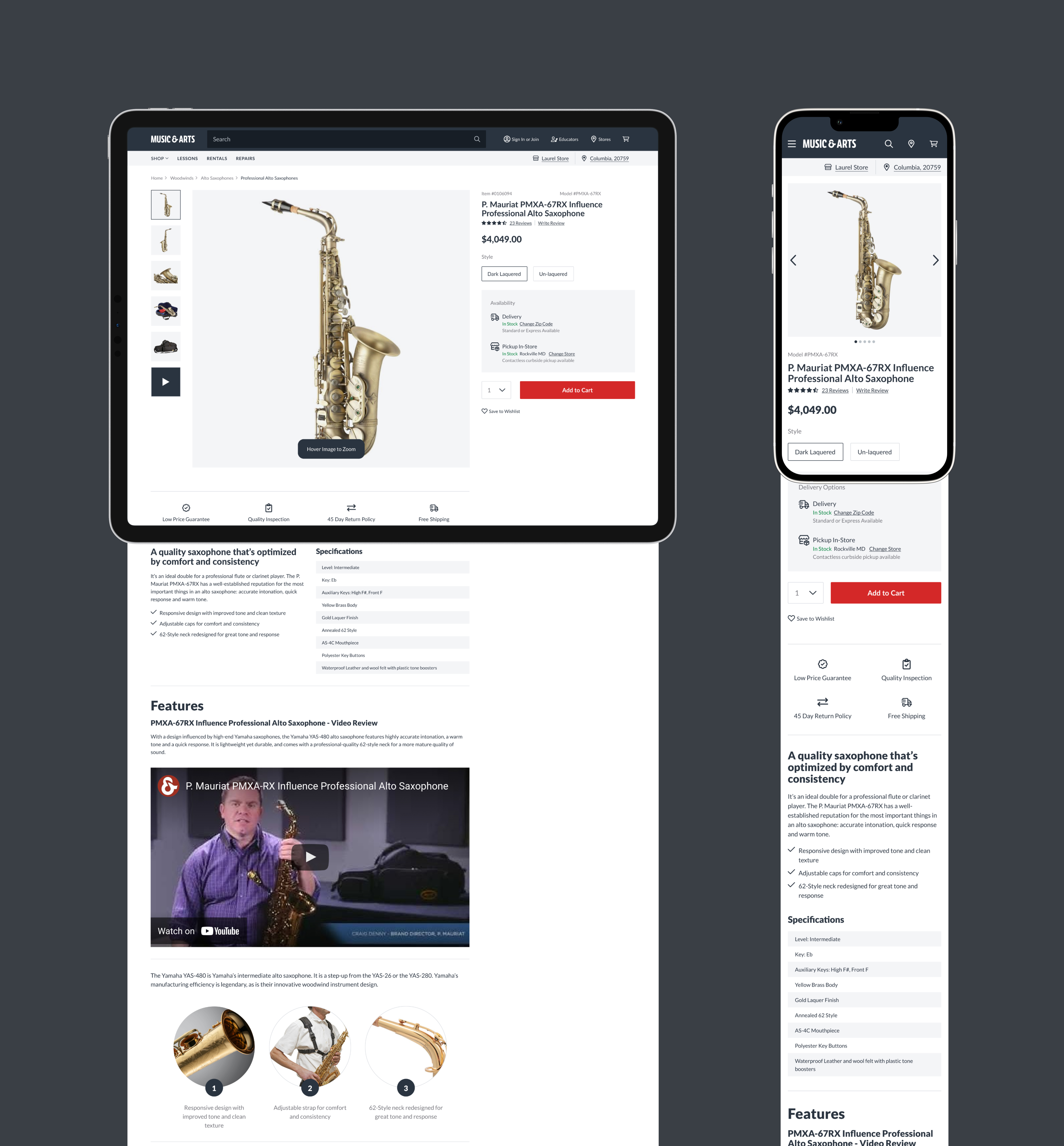 responsive product detail pages for Music and Arts