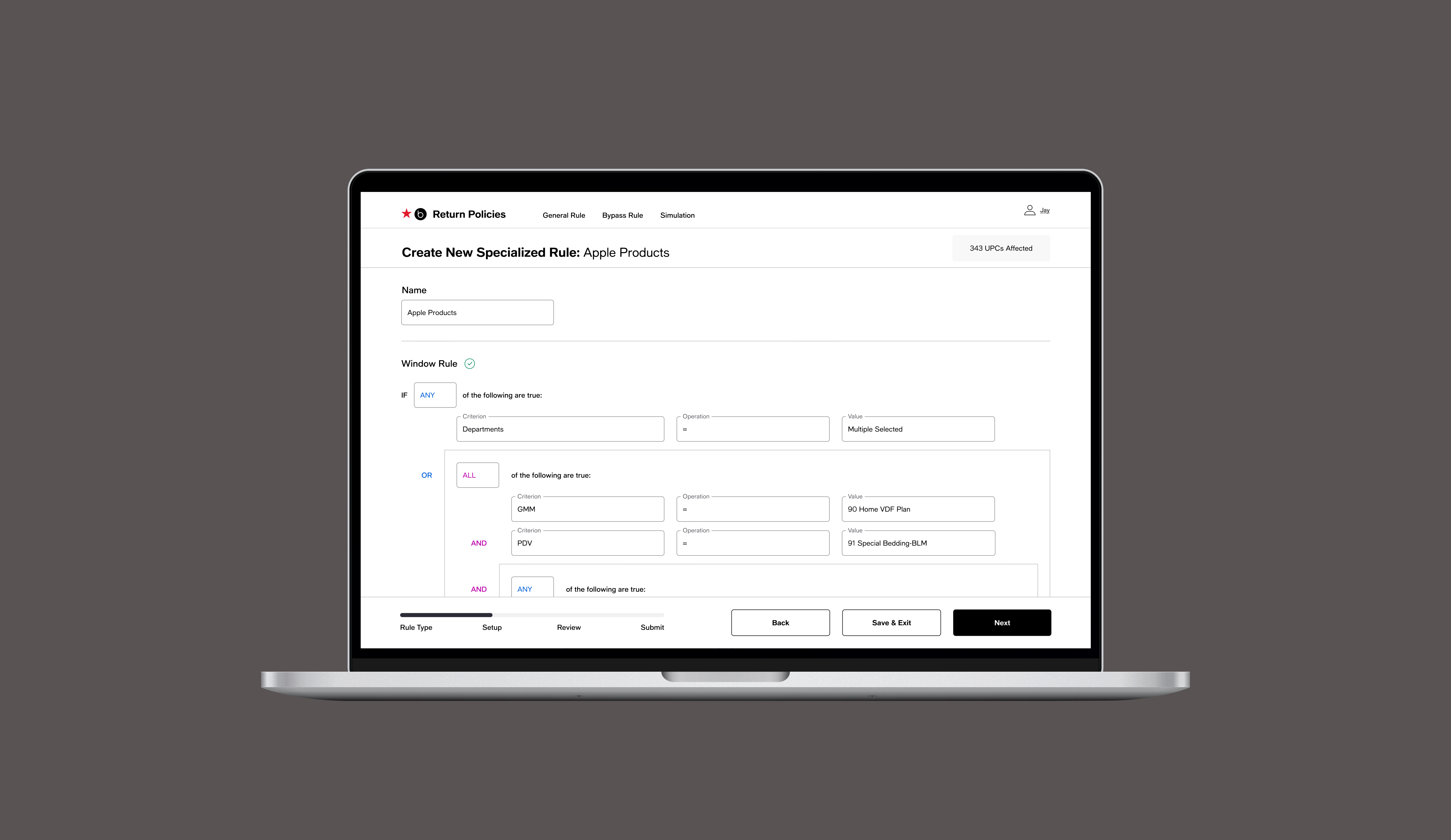 a rule builder for Macy's return policies